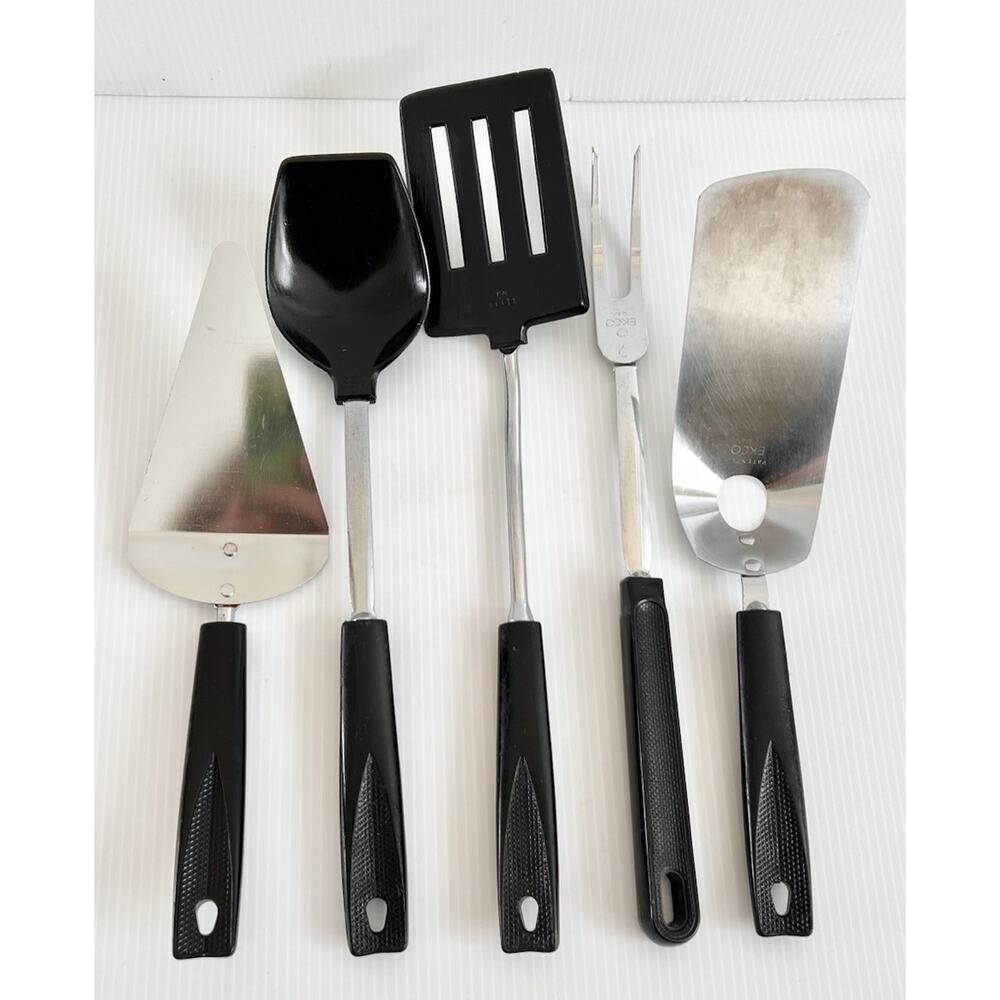 Vintage Ekco USA 5-Piece Kitchen Utensil Set Black Handles Stainless Steel Nylon